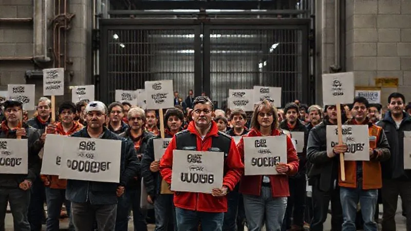 Photorealistic, professional photography, 8K, cinematic lighting, sharp focus, depth of field, shot on a high-end DSLR. A diverse group of union members stands united and resolute in front of a factory gate, holding picket signs that are blurred to avoid text. The atmosphere is tense but orderly. In the background, a small group of management figures observes from a distance. The scene conveys the gravity of industrial action and the divide between parties. Photorealistic, professional photography, 8K, cinematic lighting, sharp focus, depth of field, shot on a high-end DSLR. A diverse group of union members stands united and resolute in front of a factory gate, holding picket signs that are blurred to avoid text. The atmosphere is tense but orderly. In the background, a small group of management figures observes from a distance. The scene conveys the gravity of industrial action and the divide between parties.