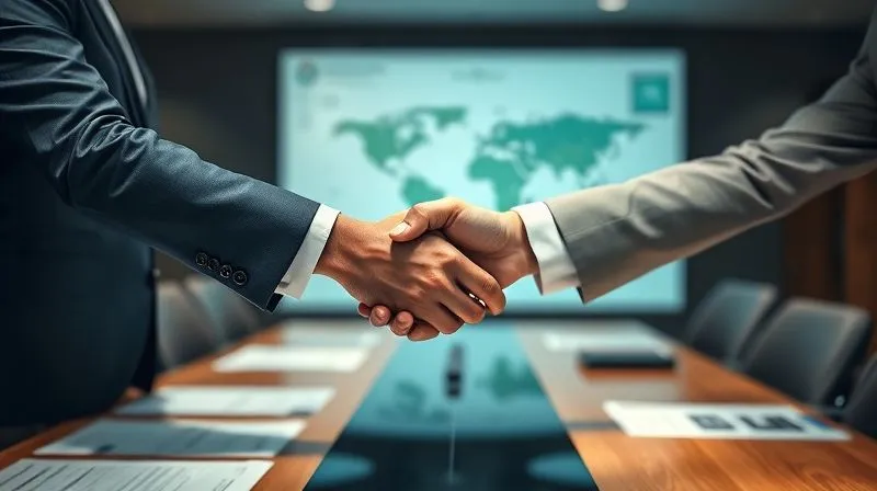 A photorealistic, professional photography of two diverse business leaders shaking hands across a conference table, symbolizing a strategic partnership. In the background, a digital interface displays collaborative project plans. Cinematic lighting, sharp focus on the handshake, depth of field blurring the background, 8K hyper-detailed. A photorealistic, professional photography of two diverse business leaders shaking hands across a conference table, symbolizing a strategic partnership. In the background, a digital interface displays collaborative project plans. Cinematic lighting, sharp focus on the handshake, depth of field blurring the background, 8K hyper-detailed.