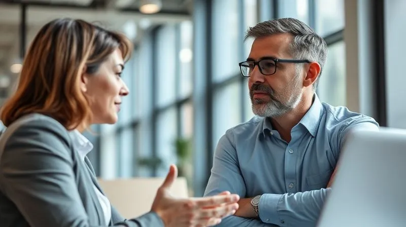 photorealistic, professional photography, 8K, cinematic lighting, sharp focus, depth of field, shot on a high-end DSLR, a manager and an employee engaged in a one-on-one conversation in a modern, well-lit office. The employee subtly gestures while the manager listens intently, with a thoughtful expression, depicting active listening and empathetic dialogue. Soft, natural light illuminates their faces, emphasizing connection. photorealistic, professional photography, 8K, cinematic lighting, sharp focus, depth of field, shot on a high-end DSLR, a manager and an employee engaged in a one-on-one conversation in a modern, well-lit office. The employee subtly gestures while the manager listens intently, with a thoughtful expression, depicting active listening and empathetic dialogue. Soft, natural light illuminates their faces, emphasizing connection.
