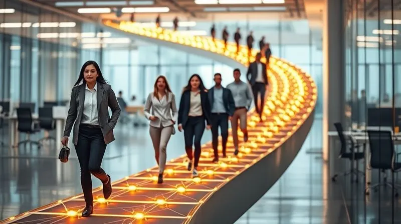 photorealistic, professional photography, 8K, cinematic lighting, sharp focus, depth of field, shot on a high-end DSLR, a vibrant, winding upward path made of glowing data streams and interconnected nodes, symbolizing career growth and development within a company. A confident, diverse group of professionals are walking along this path, looking engaged and forward-thinking. The background is a futuristic, collaborative office environment, subtly blurred. photorealistic, professional photography, 8K, cinematic lighting, sharp focus, depth of field, shot on a high-end DSLR, a vibrant, winding upward path made of glowing data streams and interconnected nodes, symbolizing career growth and development within a company. A confident, diverse group of professionals are walking along this path, looking engaged and forward-thinking. The background is a futuristic, collaborative office environment, subtly blurred.