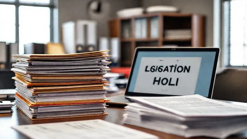 A highly organized legal office desk with stacks of neatly labelled folders, a laptop displaying a digital document management system, and a 'Litigation Hold' notice prominently displayed. Photorealistic, professional photography, 8K, cinematic lighting, sharp focus on the documents, depth of field blurring the background, shot on a high-end DSLR.