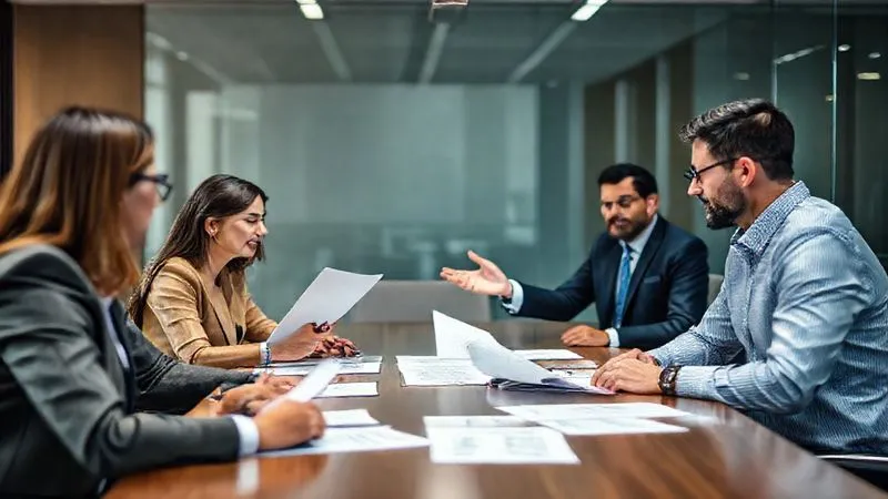 A professional, diverse legal team in a modern law office, intently reviewing documents and discussing strategy around a large conference table. One lawyer gestures confidently while explaining a point to a business client. Photorealistic, professional photography, 8K, cinematic lighting, sharp focus on the team, depth of field blurring the background, shot on a high-end DSLR.