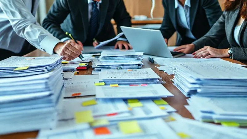 A close-up, photorealistic image of a legal team meticulously sifting through stacks of physical and digital documents on a large table. Highlighters, sticky notes, and open laptops are visible. The atmosphere is focused and detail-oriented, with cinematic lighting emphasizing the task. 8K, sharp focus on the documents, depth of field blurring the background, shot on a high-end DSLR.