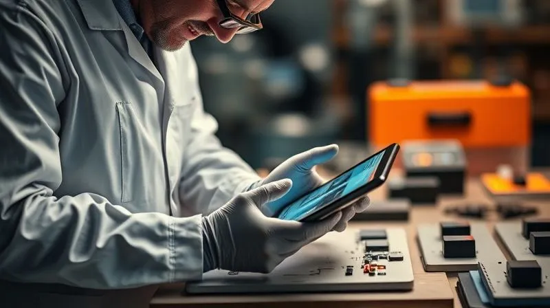 A photorealistic, professional photography, 8K, cinematic lighting, sharp focus, depth of field, shot on a high-end DSLR, of a person wearing a lab coat and gloves meticulously documenting defects on a product on a workbench, using a tablet to input data and a high-resolution camera to photograph the flaws. The background shows blurred quality control equipment.
