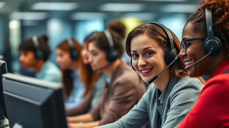 A photorealistic, professional photography, 8K, cinematic lighting, sharp focus, depth of field, shot on a high-end DSLR, of a diverse group of customer service representatives in a modern, well-lit call center, wearing headsets, actively engaging with customers on computers. One representative looks directly at the camera with a reassuring, empathetic expression. The scene conveys efficiency and care.