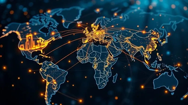 A photorealistic, professional photography, 8K, cinematic lighting, sharp focus, depth of field, shot on a high-end DSLR, of a complex, interconnected global supply chain visualized as glowing lines connecting various factories and warehouses on a world map. Multiple pathways are visible, illustrating diversification and redundancy, with data flowing between nodes. The scene is futuristic and dynamic.