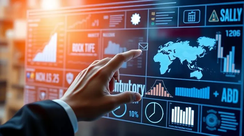 A photorealistic, professional photography, 8K, cinematic lighting, sharp focus, depth of field, shot on a high-end DSLR, of a person interacting with a holographic, interactive dashboard displaying complex supply chain data, including real-time inventory levels, shipping routes, and quality control metrics. The interface is sleek and intuitive, reflecting advanced technological integration.