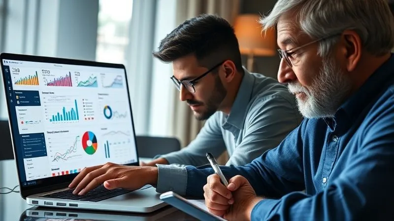 photorealistic, professional photography, 8K, cinematic lighting, sharp focus, depth of field, shot on a high-end DSLR. A split image, one side showing an entrepreneur intensely focused on a laptop displaying complex data visualizations (charts, graphs, dashboards), the other side showing a thoughtful, experienced mentor listening intently and making notes, suggesting a synergistic discussion driven by both data and wisdom.