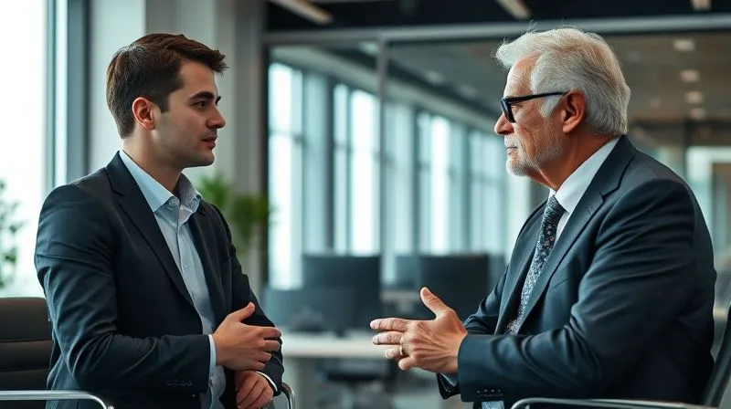 photorealistic, professional photography, 8K, cinematic lighting, sharp focus, depth of field, shot on a high-end DSLR. Two professionals, one younger entrepreneur and one older, distinguished mentor, engaged in a serious but respectful one-on-one conversation in a modern, well-lit office. Their body language suggests open communication and active listening, with a subtle emphasis on the importance of direct and honest dialogue.