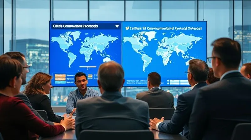 A photorealistic image of a diverse group of business leaders in a modern, glass-walled conference room, intensely focused on a large digital screen displaying crisis communication protocols and a world map. One leader is actively speaking, showing empathy and concern, while others listen intently. Cinematic lighting, sharp focus on the group, depth of field blurring the background city lights, 8K hyper-detailed, professional photography, shot on a high-end DSLR.
