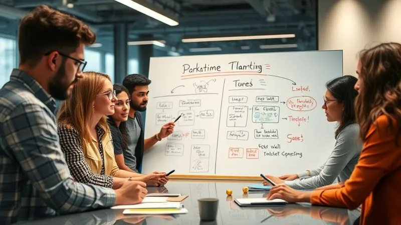 A photorealistic image of a diverse group of marketing professionals from different cultural backgrounds collaborating around a large, interactive digital whiteboard, sketching ideas and reviewing localized brand messaging. The atmosphere is energetic and inclusive, with various languages subtly indicated through notes or subtle cultural artifacts on the desk. Cinematic lighting, sharp focus on the collaborative activity, depth of field blurring the modern office background, 8K hyper-detailed, professional photography, shot on a high-end DSLR.