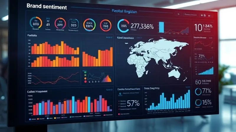 A photorealistic image of a sophisticated digital dashboard displaying various real-time metrics for global brand sentiment, cultural resonance, and market feedback across different regions. The interface uses intuitive graphs, heatmaps, and sentiment analysis scores, suggesting continuous monitoring and data-driven insights. Cinematic lighting, sharp focus on the intricate data, depth of field blurring a modern office setting, 8K hyper-detailed, professional photography, shot on a high-end DSLR.