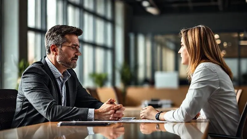 A photorealistic image of a manager and an employee sitting across a desk in a modern, well-lit office, engaged in a serious but calm conversation. The manager is leaning forward slightly, hands clasped, showing active listening. The employee looks thoughtful. Cinematic lighting, sharp focus on their faces, depth of field blurring the background, 8K hyper-detailed, shot on a high-end DSLR.