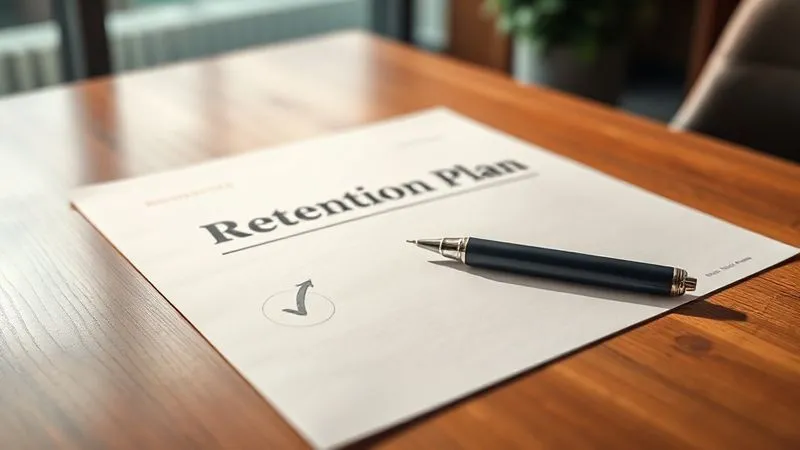 A photorealistic image of a professional document with a title like "Retention Plan" or "Growth Proposal" on a polished wooden desk, with a pen resting beside it. A subtle, warm light illuminates the document, suggesting thoughtfulness and importance. Sharp focus on the document, depth of field blurring a modern office background, 8K hyper-detailed, shot on a high-end DSLR.