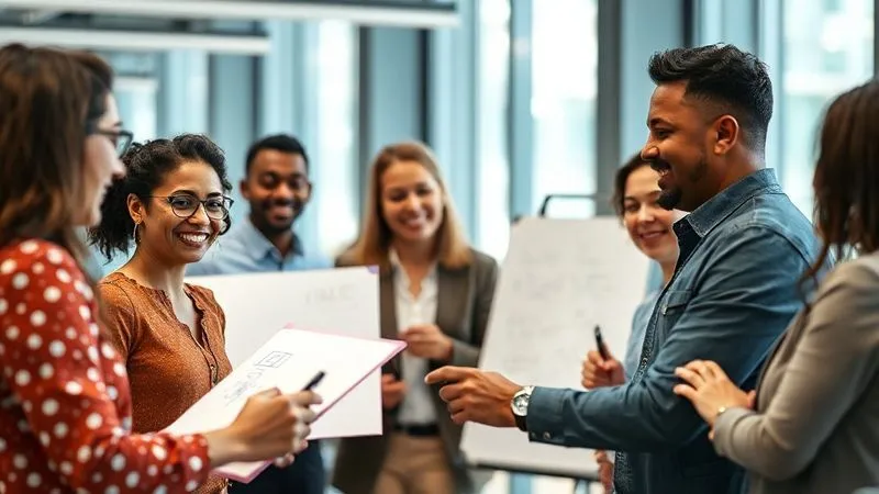 A photorealistic image of a diverse group of professionals in a modern office, engaged in a collaborative workshop. They are smiling, actively participating, and writing on whiteboards. The scene exudes positive energy and teamwork. Cinematic lighting, sharp focus on the group, depth of field blurring the background, 8K hyper-detailed, shot on a high-end DSLR.