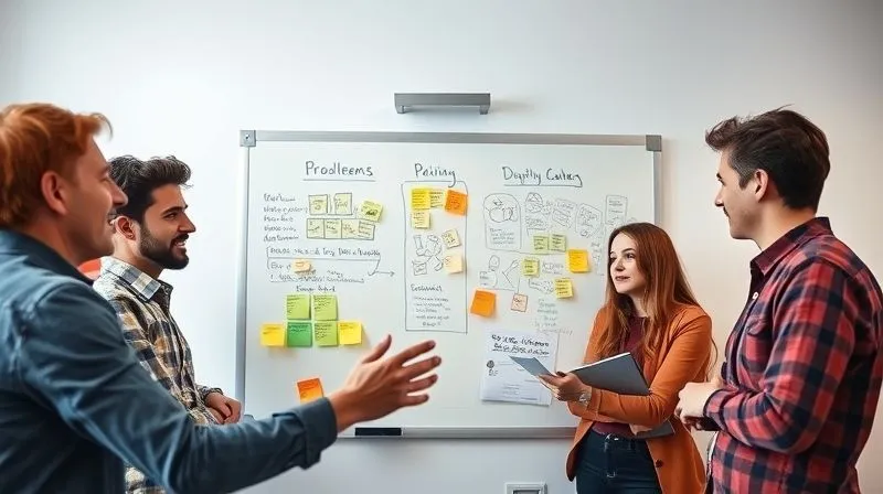 A photorealistic image of a diverse team of entrepreneurs collaboratively brainstorming around a whiteboard, with sticky notes and diagrams, demonstrating focused problem-solving and shared determination. Cinematic lighting, 8K, sharp focus on faces, depth of field, shot on a high-end DSLR.