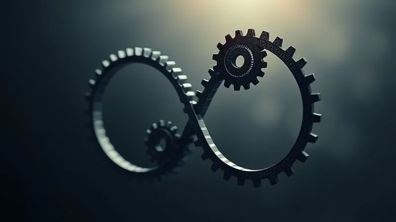 A photorealistic image of a continuous loop or infinity symbol made of interconnected gears, subtly shifting and adapting, representing continuous business iteration and growth. Cinematic lighting, 8K, sharp focus, depth of field, shot on a high-end DSLR.
