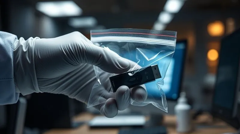 A forensic specialist's gloved hand carefully bagging digital evidence (a USB drive or hard drive) from a computer, with a blurred, dimly lit office background, professional photography, 8K, cinematic lighting, sharp focus, depth of field, shot on a high-end DSLR. A forensic specialist's gloved hand carefully bagging digital evidence (a USB drive or hard drive) from a computer, with a blurred, dimly lit office background, professional photography, 8K, cinematic lighting, sharp focus, depth of field, shot on a high-end DSLR.