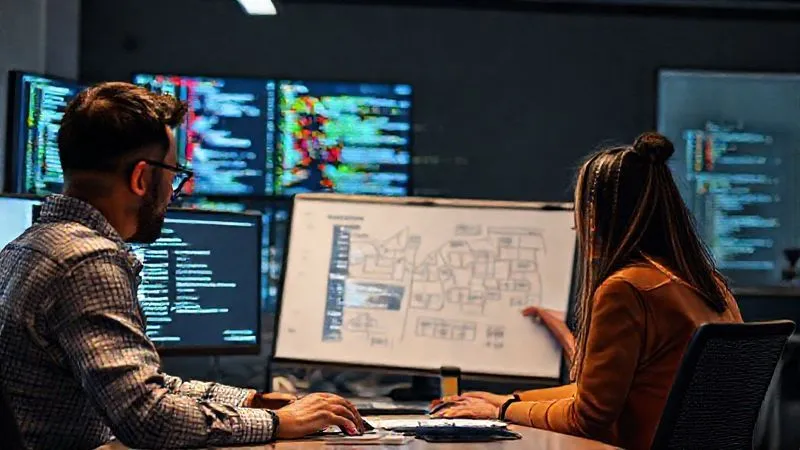 A photorealistic image of a diverse development team collaboratively working on a complex codebase displayed on multiple monitors, with one team member actively documenting architectural diagrams on a whiteboard. Cinematic lighting, sharp focus on the team's interaction, depth of field, 8K hyper-detailed, professional photography.