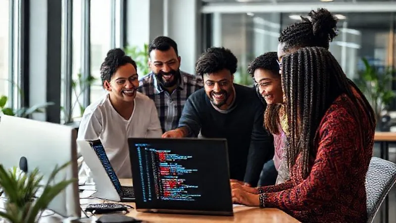 A photorealistic image of a new lead developer being warmly welcomed by a diverse development team in a modern office. They are gathered around a desk with a laptop displaying code, with a senior team member pointing to a specific section, symbolizing mentorship and structured onboarding. Cinematic lighting, sharp focus on the interaction, depth of field, 8K hyper-detailed, professional photography.