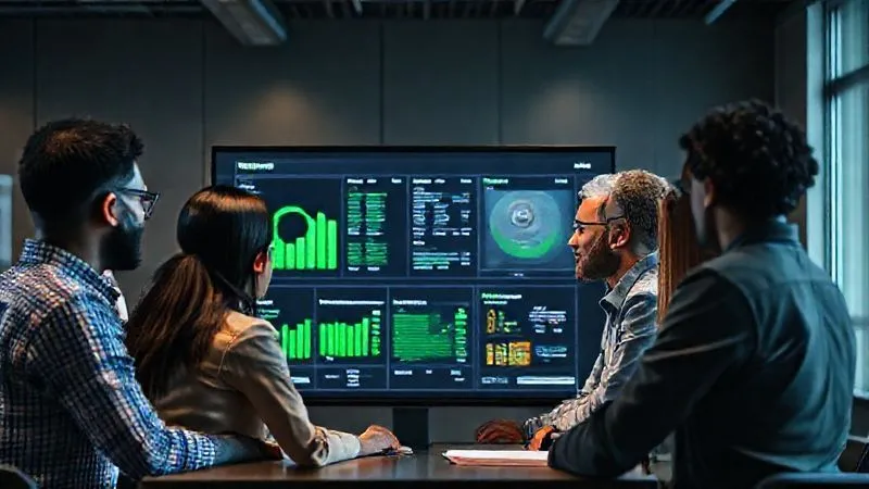 A photorealistic image of a diverse project team gathered around a large monitor, reviewing a well-organized project dashboard with green indicators, symbolizing successful post-mortem analysis and robust prevention strategies. The atmosphere is collaborative and forward-looking, with cinematic lighting, sharp focus on the team and screen, depth of field, 8K hyper-detailed, professional photography.