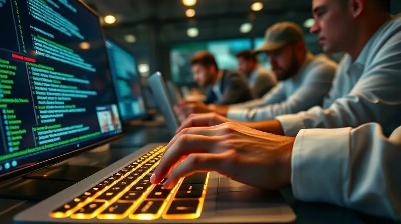 A photorealistic, professional photography, 8K, cinematic lighting image of a focused cybersecurity analyst's hands typing furiously on a glowing keyboard, with lines of code and network diagrams reflecting on their face. The background is slightly blurred, showing other team members in a tense but organized incident response room. Sharp focus on the hands and screen, depth of field blurring the background, shot on a high-end DSLR.