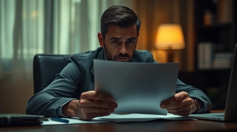 A photorealistic, professional photography, 8K, cinematic lighting image of a person sitting at a dimly lit desk, holding a letter with a serious, concerned expression. The focus is on the person's face and the letter, with the background subtly blurred, suggesting a moment of quiet reflection or worry. Sharp focus, depth of field blurring the background, shot on a high-end DSLR.