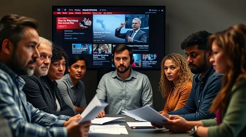 A photorealistic, professional photography, 8K, cinematic lighting image of a diverse crisis communication team, looking serious and focused, gathered around a large screen displaying news headlines and social media feeds. One person is speaking calmly into a headset, while others review documents. Sharp focus on the team, depth of field blurring the background, shot on a high-end DSLR.