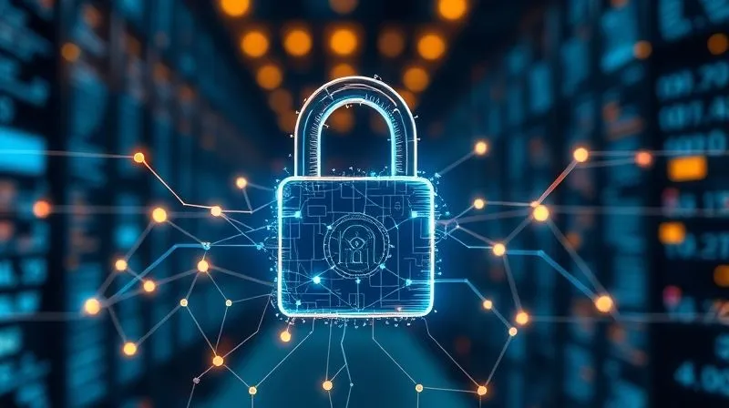 A photorealistic, professional photography, 8K, cinematic lighting image of a complex digital padlock overlaid with a glowing network of interconnected lines and data points, symbolizing enhanced cybersecurity. The background is a blurred, futuristic data center. Sharp focus on the lock and network, depth of field blurring the background, shot on a high-end DSLR.