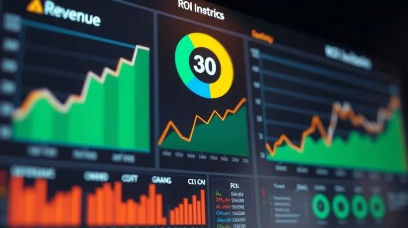 A photorealistic image of a digital dashboard displaying clear ROI metrics: increased revenue, reduced costs, and improved efficiency, with a positive trend line, professional, 8K, cinematic lighting, sharp focus, depth of field, 8K hyper-detailed.