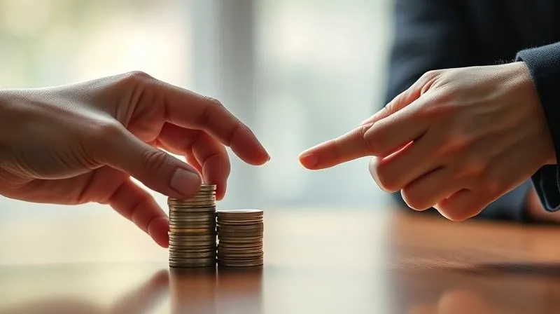 A photorealistic image of two hands, one gently pushing a small stack of coins towards the other, symbolizing a strategic concession in a negotiation, professional photography, 8K, cinematic lighting, sharp focus, depth of field, 8K hyper-detailed.