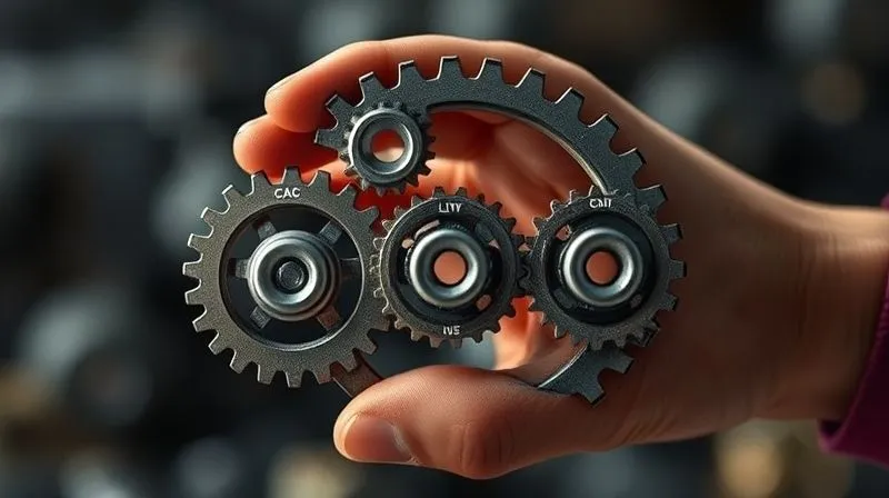 photorealistic, professional photography, 8K, cinematic lighting, sharp focus, depth of field, shot on a high-end DSLR, a hand meticulously adjusting a series of interconnected gears, with each gear labeled with a key business metric (e.g., 'CAC', 'LTV', 'Churn'). The overall mechanism is complex but coming into alignment, symbolizing the optimization of core business operations. photorealistic, professional photography, 8K, cinematic lighting, sharp focus, depth of field, shot on a high-end DSLR, a hand meticulously adjusting a series of interconnected gears, with each gear labeled with a key business metric (e.g., 'CAC', 'LTV', 'Churn'). The overall mechanism is complex but coming into alignment, symbolizing the optimization of core business operations.
