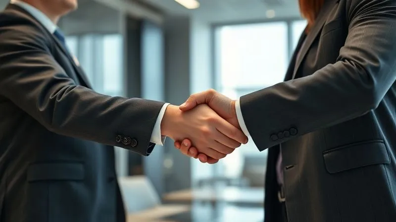 photorealistic, professional photography, 8K, cinematic lighting, sharp focus, depth of field, shot on a high-end DSLR, two business professionals shaking hands firmly but respectfully, one with a slightly more determined expression, signifying a professional and clear-cut decision or agreement. The background is a modern, minimalist office space, clean and uncluttered, emphasizing clarity and professionalism. photorealistic, professional photography, 8K, cinematic lighting, sharp focus, depth of field, shot on a high-end DSLR, two business professionals shaking hands firmly but respectfully, one with a slightly more determined expression, signifying a professional and clear-cut decision or agreement. The background is a modern, minimalist office space, clean and uncluttered, emphasizing clarity and professionalism.