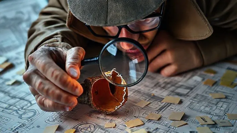 photorealistic, professional photography, 8K, cinematic lighting, sharp focus, depth of field, shot on a high-end DSLR, a detective examining a dry, cracked pipe with a magnifying glass, surrounded by intricate blueprints and scattered, faded sticky notes, symbolizing the investigation into a stalled innovation process.