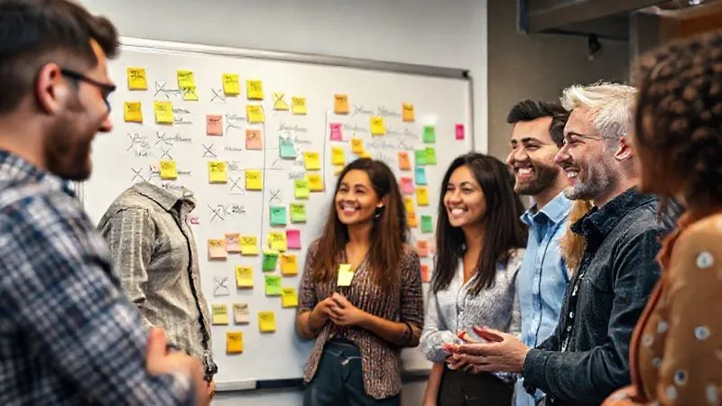 photorealistic, professional photography, 8K, cinematic lighting, sharp focus, depth of field, shot on a high-end DSLR, a group of diverse entrepreneurs gathered around a whiteboard covered in colorful sticky notes, some crossed out, some with question marks, all smiling and engaged in a lively discussion, symbolizing collaborative problem-solving and a positive attitude towards experimentation and learning from ideas that didn't work out.