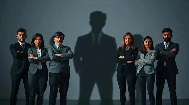 Photorealistic, professional photography, 8K, cinematic lighting, sharp focus, depth of field, shot on a high-end DSLR. A diverse group of employees standing with arms crossed, looking skeptical at a blurred, imposing shadow of a new organizational structure. A palpable sense of apprehension and resistance is visible in their body language. Dark, muted tones.