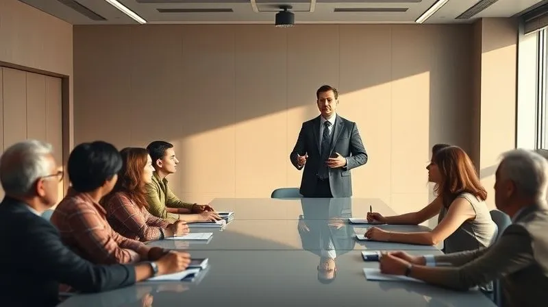 Photorealistic, professional photography, 8K, cinematic lighting, sharp focus, depth of field, shot on a high-end DSLR. A confident and composed leader standing at the helm of a large, modern conference table, addressing a diverse team. The leader's posture is open, signaling approachability and strength, with subtle cinematic lighting highlighting their determined yet empathetic expression. The team members are looking at the leader with focused attention, some taking notes, a sense of collective purpose emerging.
