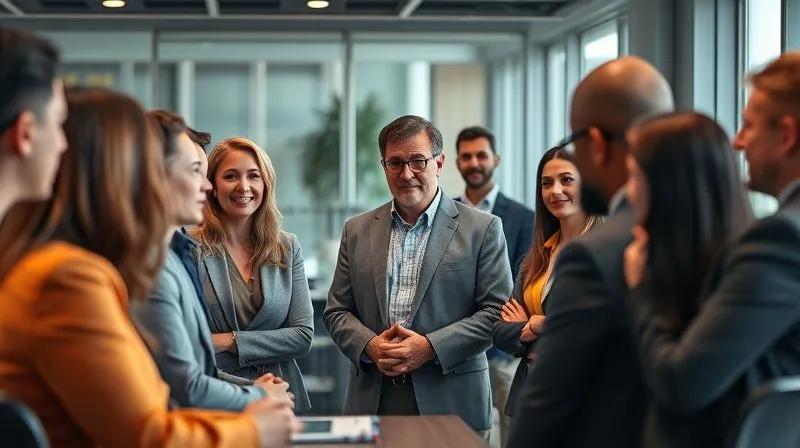photorealistic, professional photography, 8K, cinematic lighting, sharp focus, depth of field, shot on a high-end DSLR. A diverse group of professionals in a modern office, gathered around a leader who is speaking calmly and confidently, with team members listening attentively, conveying trust and stability amidst change.