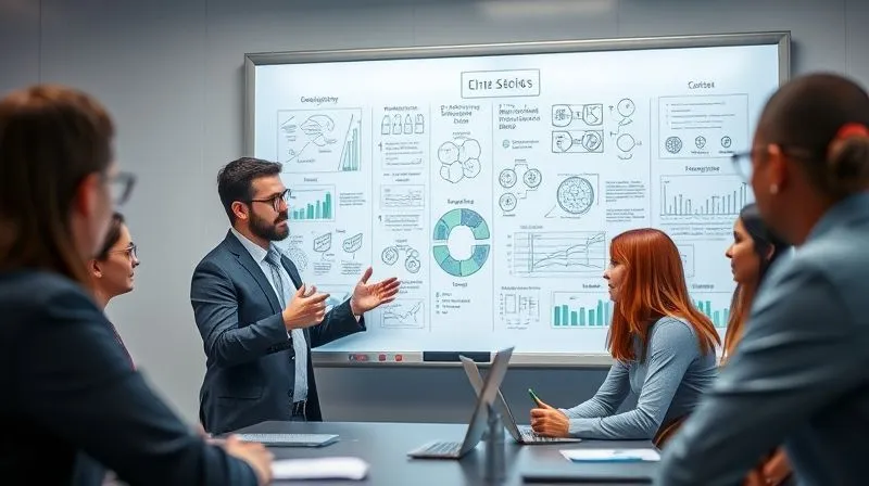 photorealistic, professional photography, 8K, cinematic lighting, sharp focus, depth of field, shot on a high-end DSLR. A professional presenting detailed information on a digital whiteboard to a small, attentive team, with complex diagrams and notes, symbolizing effective knowledge transfer and collaboration.
