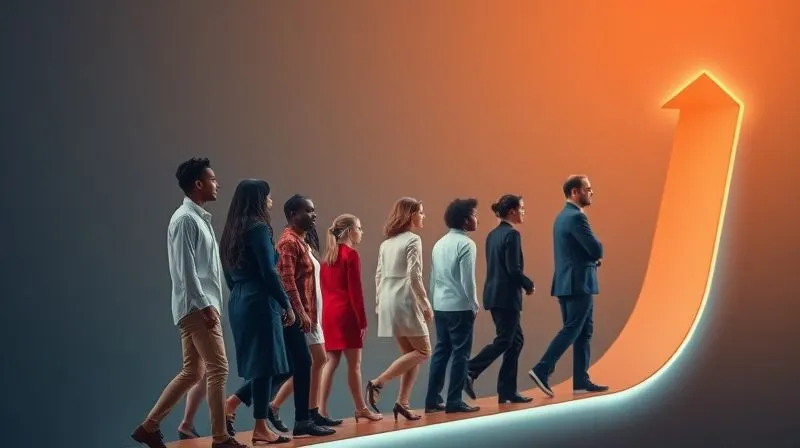 photorealistic, professional photography, 8K, cinematic lighting, sharp focus, depth of field, shot on a high-end DSLR. A dynamic visual representation of a talent pipeline, with diverse individuals metaphorically moving upwards through interconnected stages of development and growth, leading to leadership roles, symbolizing a robust succession plan.