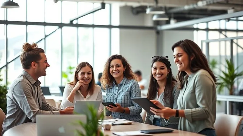 photorealistic, professional photography, 8K, cinematic lighting, sharp focus, depth of field, shot on a high-end DSLR. A diverse and engaged team collaborating in an open-plan office, with vibrant natural light, smiles, and positive body language, symbolizing a thriving company culture and strong employee engagement.