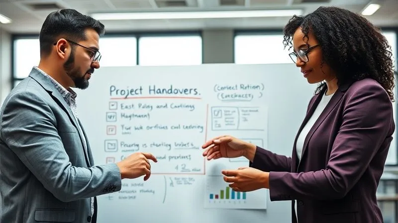 A photorealistic, professional photography, 8K, cinematic lighting, sharp focus, depth of field, shot on a high-end DSLR, depicting two diverse professionals collaborating intensely over a digital whiteboard, transferring knowledge and planning project handovers, with a sense of urgency and professionalism. The background shows a modern, well-lit office environment.