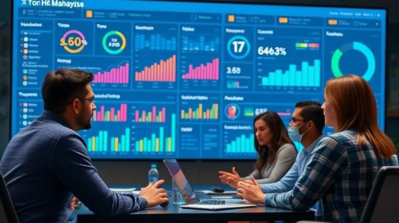 A photorealistic, professional photography, 8K, cinematic lighting, sharp focus, depth of field, shot on a high-end DSLR, showing a complex data dashboard on a large screen, displaying various HR metrics like employee engagement scores, churn rates, and feedback trends, with a diverse team of analysts thoughtfully reviewing the data, conveying a sense of deep analysis and strategic decision-making.