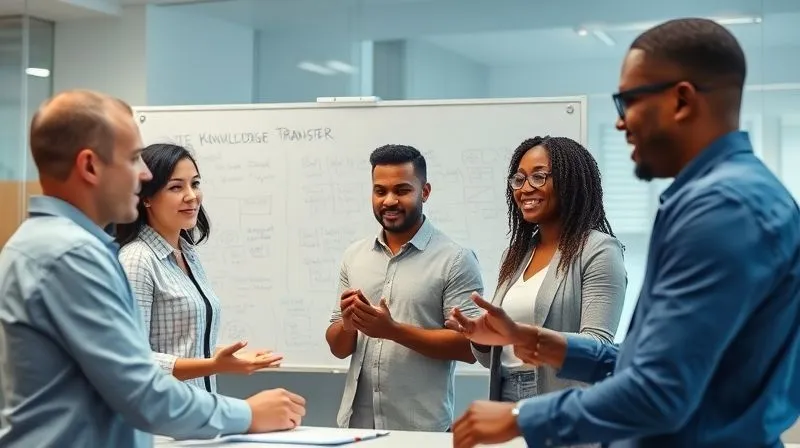 A photorealistic, professional photography, 8K, cinematic lighting, sharp focus, depth of field, shot on a high-end DSLR, showing a diverse team of professionals actively collaborating in a modern office space, engaged in a knowledge transfer session, with a whiteboard full of diagrams and notes, conveying a sense of shared learning, teamwork, and resilience. Focus on positive body language and engaged faces.