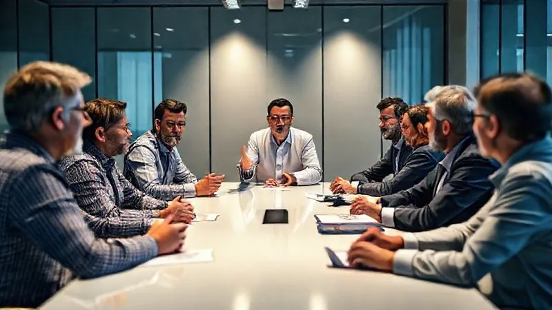 Photorealistic, professional photography, 8K, cinematic lighting, sharp focus, depth of field, shot on a high-end DSLR. A diverse group of project stakeholders (clients, team members, senior management) seated around a modern conference table, engaged in a serious but collaborative discussion. One person at the head of the table is speaking, gesturing calmly, while others listen attentively. The atmosphere is one of focused problem-solving and shared understanding, with a sense of transparency and shared purpose. The lighting casts soft shadows, emphasizing the professionalism of the scene. Photorealistic, professional photography, 8K, cinematic lighting, sharp focus, depth of field, shot on a high-end DSLR. A diverse group of project stakeholders (clients, team members, senior management) seated around a modern conference table, engaged in a serious but collaborative discussion. One person at the head of the table is speaking, gesturing calmly, while others listen attentively. The atmosphere is one of focused problem-solving and shared understanding, with a sense of transparency and shared purpose. The lighting casts soft shadows, emphasizing the professionalism of the scene.