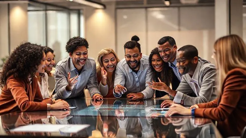 Photorealistic, professional photography, 8K, cinematic lighting, sharp focus, depth of field, shot on a high-end DSLR. A diverse, multi-ethnic team of professionals collaborating enthusiastically around a large table in a modern, brightly lit office. They are looking at a shared digital display, gesturing and smiling, with a palpable sense of positive energy, shared purpose, and strong camaraderie. The lighting is warm and inviting, highlighting their engagement and teamwork. Photorealistic, professional photography, 8K, cinematic lighting, sharp focus, depth of field, shot on a high-end DSLR. A diverse, multi-ethnic team of professionals collaborating enthusiastically around a large table in a modern, brightly lit office. They are looking at a shared digital display, gesturing and smiling, with a palpable sense of positive energy, shared purpose, and strong camaraderie. The lighting is warm and inviting, highlighting their engagement and teamwork.