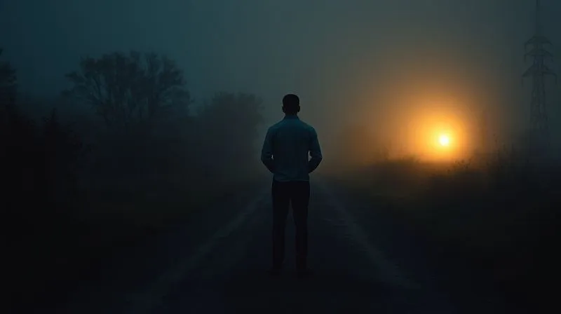 Photorealistic, professional photography, 8K, cinematic lighting, sharp focus, depth of field, shot on a high-end DSLR, a person's silhouette standing at a crossroads, looking down two dimly lit paths, one overgrown and the other leading to a faint light, symbolizing career uncertainty and the search for purpose.