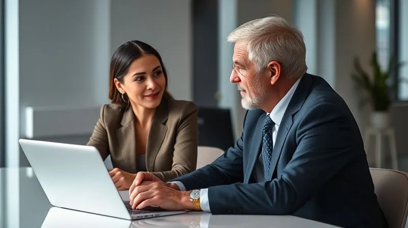 Photorealistic, professional photography, 8K, cinematic lighting, sharp focus, depth of field, shot on a high-end DSLR, two professionals, one a younger woman and an older man, sitting at a modern office table, engaged in a deep, empathetic conversation, with open body language, soft lighting highlighting their faces, suggesting understanding and mentorship.