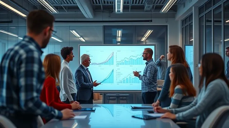 Photorealistic, professional photography, 8K, cinematic lighting, sharp focus, depth of field, shot on a high-end DSLR, a vibrant, modern office space with diverse employees collaborating around a digital whiteboard, displaying graphs and ideas, symbolizing continuous learning and development, with a sense of energy and innovation.
