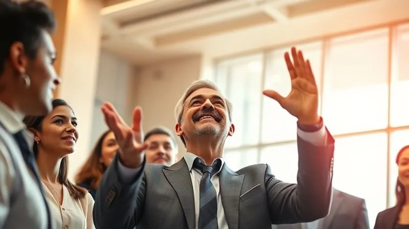 Photorealistic, professional photography, 8K, cinematic lighting, sharp focus, depth of field, shot on a high-end DSLR, a diverse group of professionals looking up at a confident, inspiring leader who is gesturing towards a bright, open future, symbolizing visionary leadership and team motivation, with a warm, encouraging atmosphere.